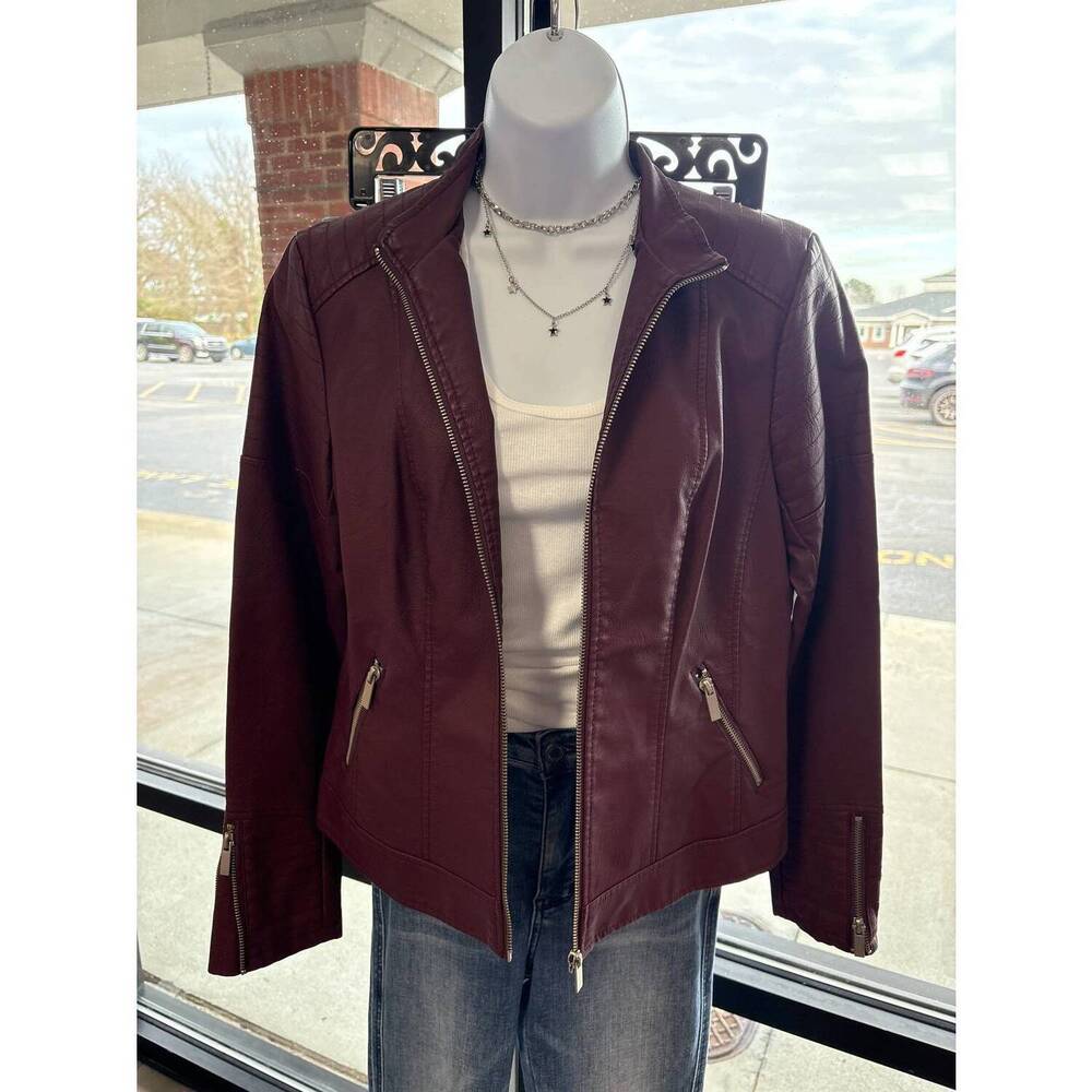 NEW PINE APPAREL women's pleather moto jacket in burgundy